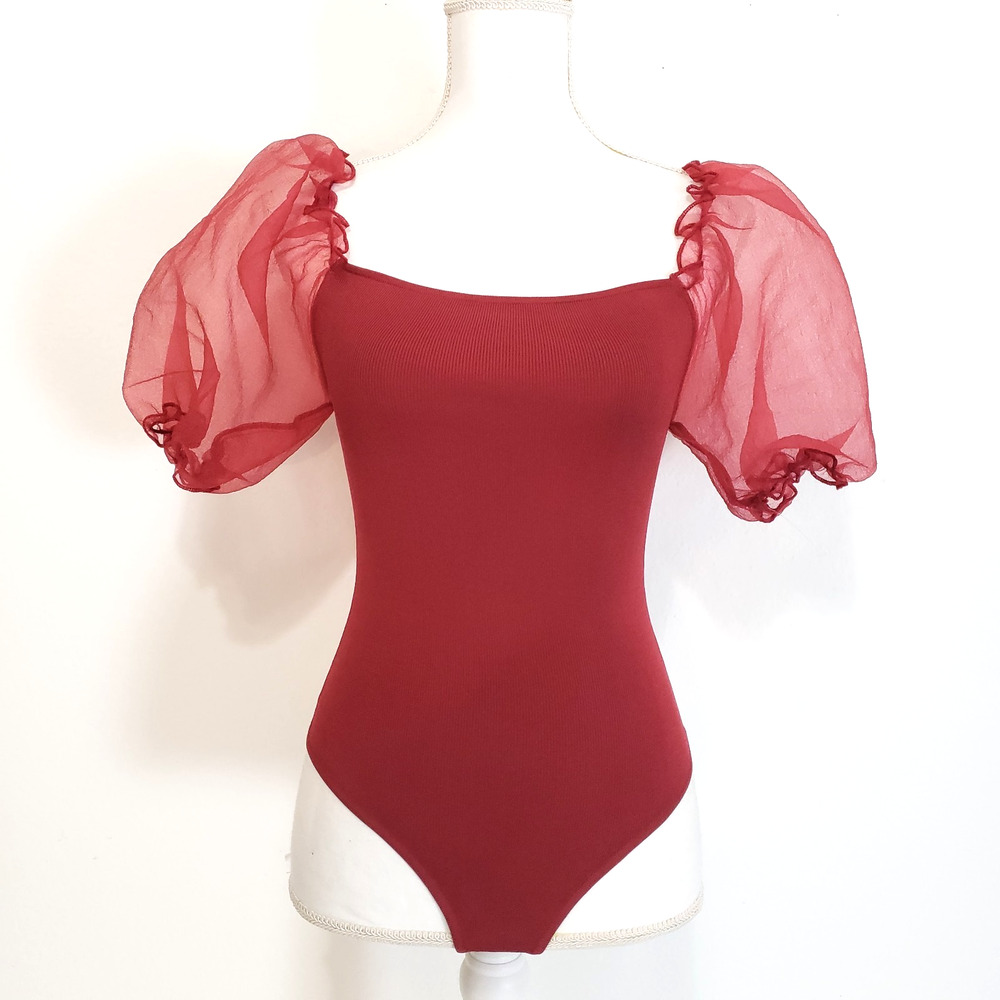 NEW!! ASTR The Label SIZE L Red Puff Sleeve Bodysuit Women Wine AT15988 Holiday